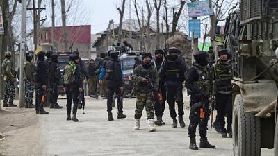 Security forces in Pulwama on Tuesday. (Waseem Andrabi/HT photo) Security forces in Pulwama on Tuesday. (Waseem Andrabi/HT photo)