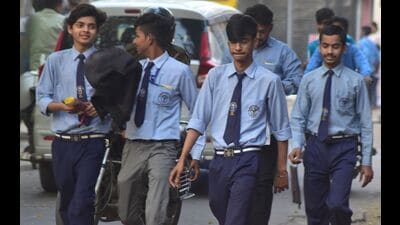 Students coming out of an examination centre after appearing in UP Board exams, in Prayagraj, on Tuesday. (HT Photo) Students coming out of an examination centre after appearing in UP Board exams, in Prayagraj, on Tuesday. (HT Photo)