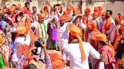 Telangana Bharatiya Janata Party (BJP) president Bandi Sanjay Kumar with others during the celebration on the birth anniversary of spiritualist and social reformer Sant Sevalal Maharaj, at party office in Hyderabad on Feb 15 (ANI)