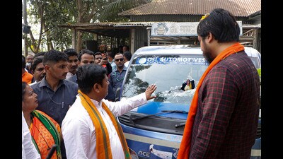 Union MoS Nisith Pramanik and BJP Bengal chief Sukanta Majumdar during their visit to the damaged house of party workers which was allegedly attacked in Cooch Behar (PTI File Photo) Union MoS Nisith Pramanik and BJP Bengal chief Sukanta Majumdar during their visit to the damaged house of party workers which was allegedly attacked in Cooch Behar (PTI File Photo)
