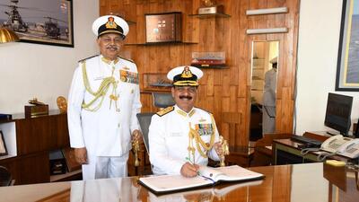 Vice Admiral Dinesh K Tripathi (right) on Tuesday took charge of Western Naval Command from Vice Admiral Ajendra Bahadur Singh, who retired after four decades of military service. (Navy Photo) Vice Admiral Dinesh K Tripathi (right) on Tuesday took charge of Western Naval Command from Vice Admiral Ajendra Bahadur Singh, who retired after four decades of military service. (Navy Photo)