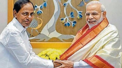 Telangana chief minister K Chandrashekhar Rao (left) meets prime minister Narendra Modi. (PTI) Telangana chief minister K Chandrashekhar Rao (left) meets prime minister Narendra Modi. (PTI)