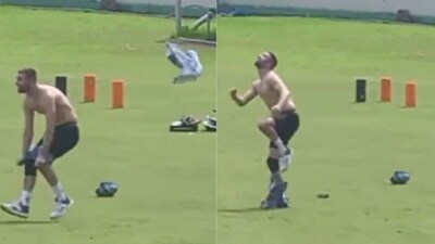 Mark Wood showed a bizarre catching ritual during a training session. (Twitter) Mark Wood showed a bizarre catching ritual during a training session. (Twitter)