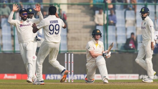 Ashwin celebrates with teammate Virat Kohli after the wicket of Australian batter Steve Smith during the third day of the 2nd test (PTI)