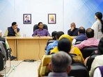 Delhi chief minister Arvind Kejriwal holds meeting with Aam Aadmi Party MLAs. Delhi chief minister Arvind Kejriwal holds meeting with Aam Aadmi Party MLAs.