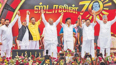 Ahead of the 2024 Lok Sabha elections, leaders of non-BJP parties called for an opposition alliance, at a function in Chennai to celebrate the 70th birthday of Dravida Munnetra Kazhagam president and Tamil Nadu chief minister M K Stalin. (PTI) Ahead of the 2024 Lok Sabha elections, leaders of non-BJP parties called for an opposition alliance, at a function in Chennai to celebrate the 70th birthday of Dravida Munnetra Kazhagam president and Tamil Nadu chief minister M K Stalin. (PTI)