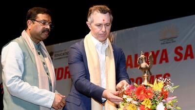 Australian Education Minister Jason Clare lights a lamp in presence of Union Education Minister Dharmendra Pradhan during an event at Kendriya Vidyalaya No. 2, Delhi Cantt, in New Delhi on Wednesday. (ANI) Australian Education Minister Jason Clare lights a lamp in presence of Union Education Minister Dharmendra Pradhan during an event at Kendriya Vidyalaya No. 2, Delhi Cantt, in New Delhi on Wednesday. (ANI)
