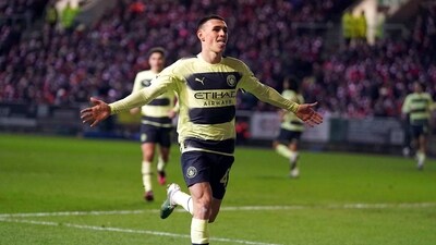 Manchester City's Phil Foden celebrates after scoring his side's opening goal during an English FA Cup fifth-round soccer match between Bristol City and Manchester City at Ashton Gate stadium in Bristol, England, Tuesday, Feb. 28, 2023. (Adam Davy/PA via AP) (AP) Manchester City's Phil Foden celebrates after scoring his side's opening goal during an English FA Cup fifth-round soccer match between Bristol City and Manchester City at Ashton Gate stadium in Bristol, England, Tuesday, Feb. 28, 2023. (Adam Davy/PA via AP) (AP)