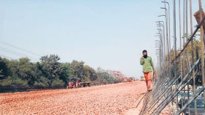Construction work on the Ashram flyover in late February. (HT Photo) Construction work on the Ashram flyover in late February. (HT Photo)