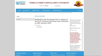 IGNOU PhD Entrance Exam answer key out at ignou.ac.in IGNOU PhD Entrance Exam answer key out at ignou.ac.in