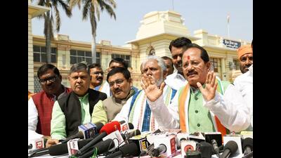 Leader of Opposition Vijay Kumar Sinha with BJP legislators interacts with media persons outside the Bihar Assembly on Wednesday. (Santosh Kumar/HT Photo) Leader of Opposition Vijay Kumar Sinha with BJP legislators interacts with media persons outside the Bihar Assembly on Wednesday. (Santosh Kumar/HT Photo)