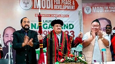 Nagaland deputy CM Y Patton (left) and state BJP chief Temjen Imna Along (right) with BJP president JP Nadda. (PTI) Nagaland deputy CM Y Patton (left) and state BJP chief Temjen Imna Along (right) with BJP president JP Nadda. (PTI)
