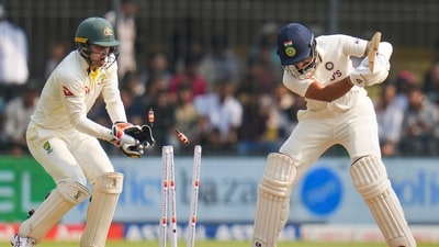 Cheteshwar Pujara falls to Nathan Lyon on Day 1 of the 3rd Test between India and Australia in Indore (PTI) Cheteshwar Pujara falls to Nathan Lyon on Day 1 of the 3rd Test between India and Australia in Indore (PTI)