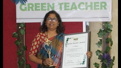 Thane, India - February, 27, 2023: Rajashree Mane, 49, teacher from Thane won the green teacher title, in Thane, in Mumbai, India, on,,Monday, February, 27, 2023. ( Praful Gangurde / HT Photo) Thane, India - February, 27, 2023: Rajashree Mane, 49, teacher from Thane won the green teacher title, in Thane, in Mumbai, India, on,,Monday, February, 27, 2023. ( Praful Gangurde / HT Photo)