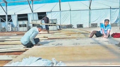 The venue being prepared for the Global Investors Summit to be held by the Y S Jagan Mohan Reddy-led Andhra Pradesh government in the port city of Visakhapatnam on March 3 and 4. (HT Photo)