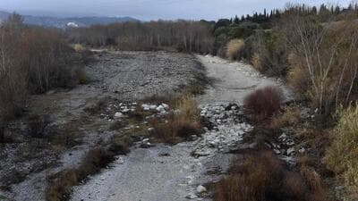 This photograph taken on February 23 shows the dry river bed of the Agly river, the main river of the catchment area on the outskirts of Estagel, southern France. (AFP) This photograph taken on February 23 shows the dry river bed of the Agly river, the main river of the catchment area on the outskirts of Estagel, southern France. (AFP)