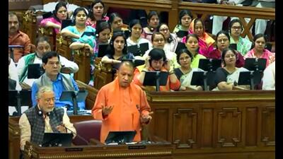 Uttar Pradesh chief minister Yogi Adityanath in the state assembly on Wednesday. (PTI PHOTO)