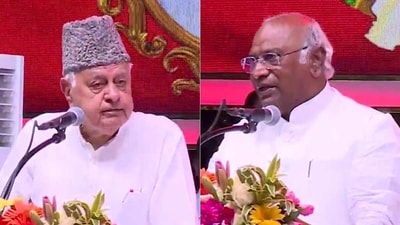 National Conference patron Farooq Abdullah and Congress president Mallikarjun Kharge. (Twitter/ANI)