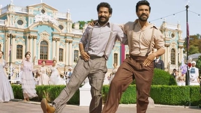 Jr NTR and Ram Charan in a still from RRR song Naatu Naatu. Jr NTR and Ram Charan in a still from RRR song Naatu Naatu.