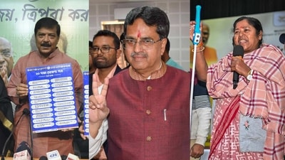 Congress's Sudip Roy Barman, Tripura CM Manik Saha, and Union minister Pratima Bhoumik.