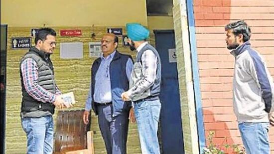 Ludhiana MC officials conducting inspection of a public toilet on Wednesday. (HT Photo)