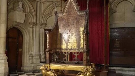 King Charles Coronation: The coronation chair is seen.
