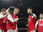 Arsenal's Gabriel Martinelli, second from right, celebrates with teammates after scoring his side's fourth goal during the English Premier League soccer match between Arsenal and Everton at the Emirates stadium in London, Wednesday, March 1, 2023. (AP Photo/Kirsty Wigglesworth) Arsenal's Gabriel Martinelli, second from right, celebrates with teammates after scoring his side's fourth goal during the English Premier League soccer match between Arsenal and Everton at the Emirates stadium in London, Wednesday, March 1, 2023. (AP Photo/Kirsty Wigglesworth)