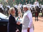PM Modi receives Italian PM Giorgia Meloni of Italy in a ceremonial welcome at the forecourt of Rashtrapati Bhavan.
