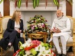 Prime Minister Narendra Modi with Prime Minister of Italy Giorgia Meloni during their meeting at the Hyderabad House, in New Delhi.