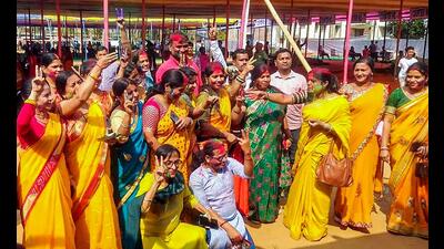 AJSU supporters celebrate party candidate's victory in Ramgarh Assembly bypoll on Thursday. (PTI) AJSU supporters celebrate party candidate's victory in Ramgarh Assembly bypoll on Thursday. (PTI)