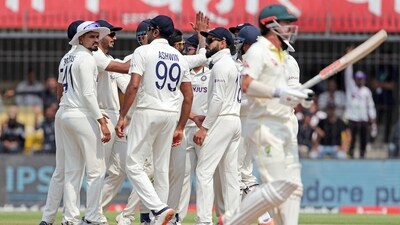 Indore, Mar 01 (ANI): India's Ravindra Jadeja with teammates celebrates a wicket on the first day of the 3rd Test match against Australia, at Holkar Cricket Stadium, in Indore on Wednesday. (ANI Photo) (ANI) Indore, Mar 01 (ANI): India's Ravindra Jadeja with teammates celebrates a wicket on the first day of the 3rd Test match against Australia, at Holkar Cricket Stadium, in Indore on Wednesday. (ANI Photo) (ANI)