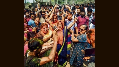 BJP supporters celebrate the party's victory in the Tripura assembly elections on Thursday. (PTI) BJP supporters celebrate the party's victory in the Tripura assembly elections on Thursday. (PTI)