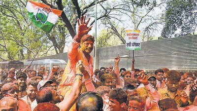Congress candidate Dhangekar Ravindra Hemraj celebrates after victory in the Kasba Peth Assembly bypoll. (PTI) Congress candidate Dhangekar Ravindra Hemraj celebrates after victory in the Kasba Peth Assembly bypoll. (PTI)