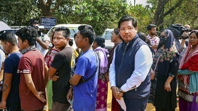 Chief Minister Conard Sangma visited the grave of his father and former Chief Minister of Meghalaya, PA Sangma in Tura ahead of the Meghalaya Assembly elections results. (PTI) Chief Minister Conard Sangma visited the grave of his father and former Chief Minister of Meghalaya, PA Sangma in Tura ahead of the Meghalaya Assembly elections results. (PTI)