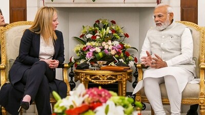 Prime Minister Narendra Modi with Prime Minister of Italy Giorgia Meloni during their meeting at the Hyderabad House, in New Delhi. (PTI)