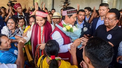 Meghalaya Chief Minister and National People's Party (NPP) chief Conrad Sangma with supporters after his victory in Meghalaya Assembly elections from the South Tura Assembly constituency. (PTI) Meghalaya Chief Minister and National People's Party (NPP) chief Conrad Sangma with supporters after his victory in Meghalaya Assembly elections from the South Tura Assembly constituency. (PTI)