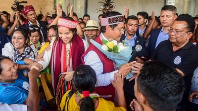 However, the party fell short of gaining a majority in the 60-member assembly, even as Assam Chief Minister Himanta Biswa Sarma said his Meghalaya counterpart Conrad K Sangma sought the support of Union Home Minister Amit Shah in forming the new government. (PTI) However, the party fell short of gaining a majority in the 60-member assembly, even as Assam Chief Minister Himanta Biswa Sarma said his Meghalaya counterpart Conrad K Sangma sought the support of Union Home Minister Amit Shah in forming the new government. (PTI)