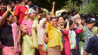 Supporters of Meghalaya Chief Minister and National People's Party (NPP) chief Conrad Sangma celebrate his victory outside his residence, in Tura. (PTI) Supporters of Meghalaya Chief Minister and National People's Party (NPP) chief Conrad Sangma celebrate his victory outside his residence, in Tura. (PTI)
