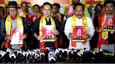 Pradyot Kishore Debbarma released his party TIPRA Motha’s poll manifesto for the Tripura assembly elections at Ujjayanta Palace, abode of the royal family. (Facebook/Pradyot Bikram Manikya DebBarma) (HT_PRINT) Pradyot Kishore Debbarma released his party TIPRA Motha’s poll manifesto for the Tripura assembly elections at Ujjayanta Palace, abode of the royal family. (Facebook/Pradyot Bikram Manikya DebBarma) (HT_PRINT)