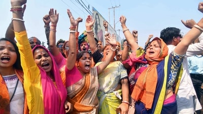 Bharatiya Janata Party (BJP) supporters celebrate during the counting of votes of the Tripura Assembly elections, at Dharmanagar in North Tripura district, (PTI) Bharatiya Janata Party (BJP) supporters celebrate during the counting of votes of the Tripura Assembly elections, at Dharmanagar in North Tripura district, (PTI)