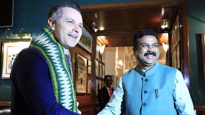 Union education minister Dharmendra Pradhan meets Australian education minister Jason Clare in New Delhi. (ANI) Union education minister Dharmendra Pradhan meets Australian education minister Jason Clare in New Delhi. (ANI)