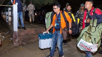 Tura: Polling officials carry EVMs and VVPATs to a strong room after the end of the Meghalaya Assembly polls, at Tura in West Garo Hills District on Monday, Feb. 27, 2023. (PTI) Tura: Polling officials carry EVMs and VVPATs to a strong room after the end of the Meghalaya Assembly polls, at Tura in West Garo Hills District on Monday, Feb. 27, 2023. (PTI)