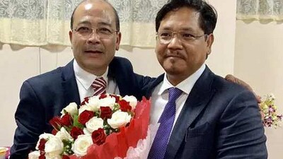 UDP's Metbah Lyngdoh (L) with Meghalaya CM Conrad Sangma. (Twitter) UDP's Metbah Lyngdoh (L) with Meghalaya CM Conrad Sangma. (Twitter)