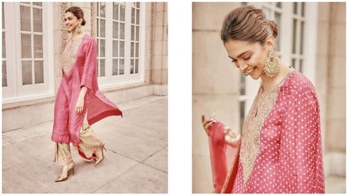 Deepika Padukone in a fuchsia pink bandhani kurta with golden detailing and three-quarter sleeves and a golden palazzo. (Instagram ) Deepika Padukone in a fuchsia pink bandhani kurta with golden detailing and three-quarter sleeves and a golden palazzo. (Instagram )