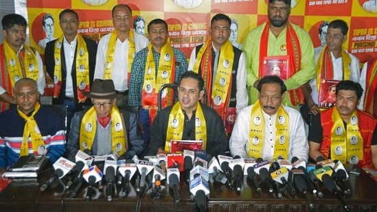 Tipraha Indigenous Progressive Regional Alliance (TIPRA Motha) chief Pradyot Kishore Debbarma addresses the media during the launch of the party's election manifesto for the upcoming Tripura Assembly polls, in Agartala on Saturday. (ANI)