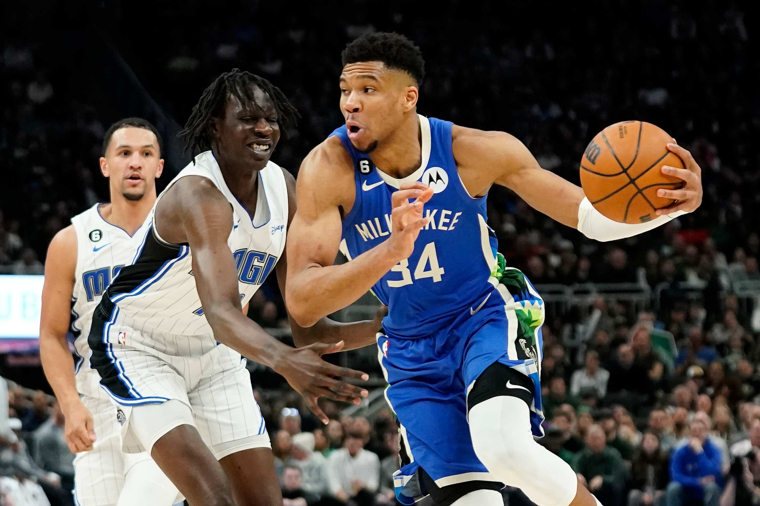 Milwaukee Bucks' Giannis Antetokounmpo drives against Orlando Magic's Bol Bol during the second half of an NBA basketball game Wednesday, March 1, 2023, in Milwaukee. (AP) Milwaukee Bucks' Giannis Antetokounmpo drives against Orlando Magic's Bol Bol during the second half of an NBA basketball game Wednesday, March 1, 2023, in Milwaukee. (AP)