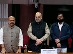 Union home minister Amit Shah with Karnataka chief minister Basavaraj Bommai, Maharashtra CM Eknath Shinde and the state deputy chief minister Devendra Fadnavis during a meeting in New Delhi.
