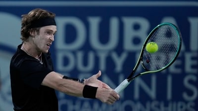 Andrey Rublev returns the ball to Germany's Alexander Zverev during their semi final match of the Dubai Duty Free Tennis Championships in Dubai, United Arab Emirates, Friday, March 3, 2023. AP/PTI(AP03_03_2023_000321B) (AP) Andrey Rublev returns the ball to Germany's Alexander Zverev during their semi final match of the Dubai Duty Free Tennis Championships in Dubai, United Arab Emirates, Friday, March 3, 2023. AP/PTI(AP03_03_2023_000321B) (AP)