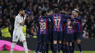 Barcelona players celebrate after Barcelona's Franck Kessie scores his side's opening goal during the Spanish Copa del Rey semi final (AP) Barcelona players celebrate after Barcelona's Franck Kessie scores his side's opening goal during the Spanish Copa del Rey semi final (AP)