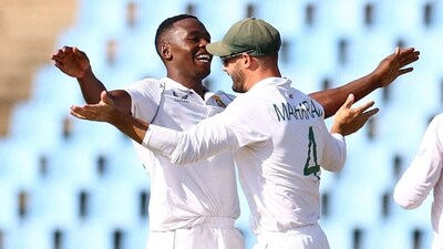 Cricket - First Test - South Africa v West Indies - SuperSport Park Cricket Stadium, Centurion, South Africa - March 2, 2023 South Africa's Kagiso Rabada celebrates with Aiden Markram after taking the wicket of West Indies' Jermaine Blackwood REUTERS/Siphiwe Sibeko (REUTERS)